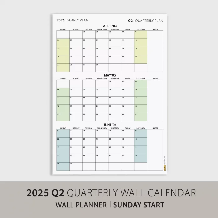 Amerikan Standardı Takvim, Üç Aylık Planlayıcı 2026 Duvar Takvimi, Nisan - Haziran 2026, 90 Günlük Planlama, Yılın İkinci Çeyreği Takvimi, Yeşil Takvim, Pazar Günü Başlangıçlı Takvim - 35x50cm