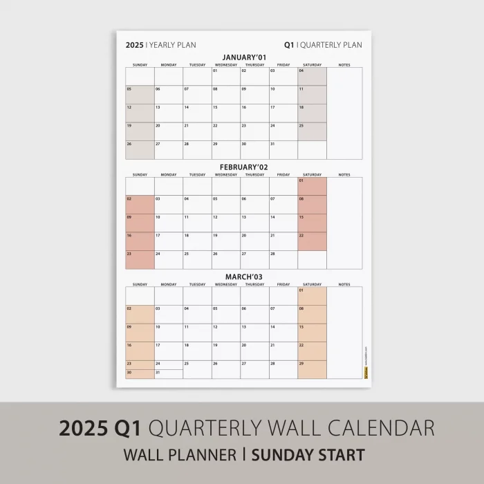 Amerikan Standardı Takvim, Üç Aylık Planlayıcı 2026 Duvar Takvimi, Ocak - Mart 2026, 90 Günlük Planlama, Yılın Birinci Çeyreği Takvimi, Kahverengi, Pazar Günü Başlangıçlı Takvim - 70x100cm
