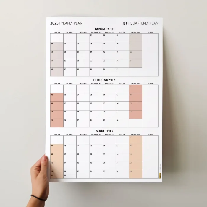 Amerikan Standardı Takvim, Üç Aylık Planlayıcı 2026 Duvar Takvimi, Ocak - Mart 2026, 90 Günlük Planlama, Yılın Birinci Çeyreği Takvimi, Kahverengi, Pazar Günü Başlangıçlı Takvim - 70x100cm