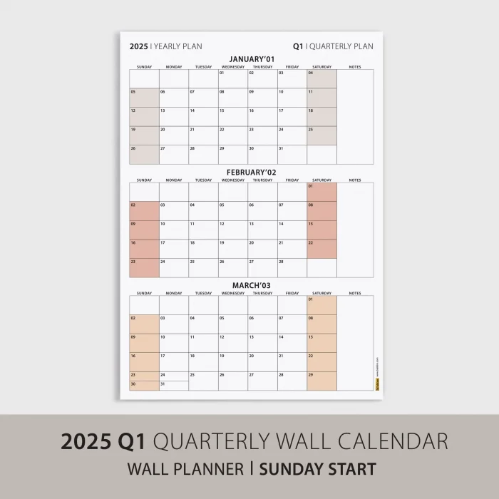 Amerikan Standardı Takvim, Üç Aylık Planlayıcı 2026 Duvar Takvimi, Ocak - Mart 2026, 90 Günlük Planlama, Yılın Birinci Çeyreği Takvimi, Kahverengi, Pazar Günü Başlangıçlı Takvim - 35x50cm