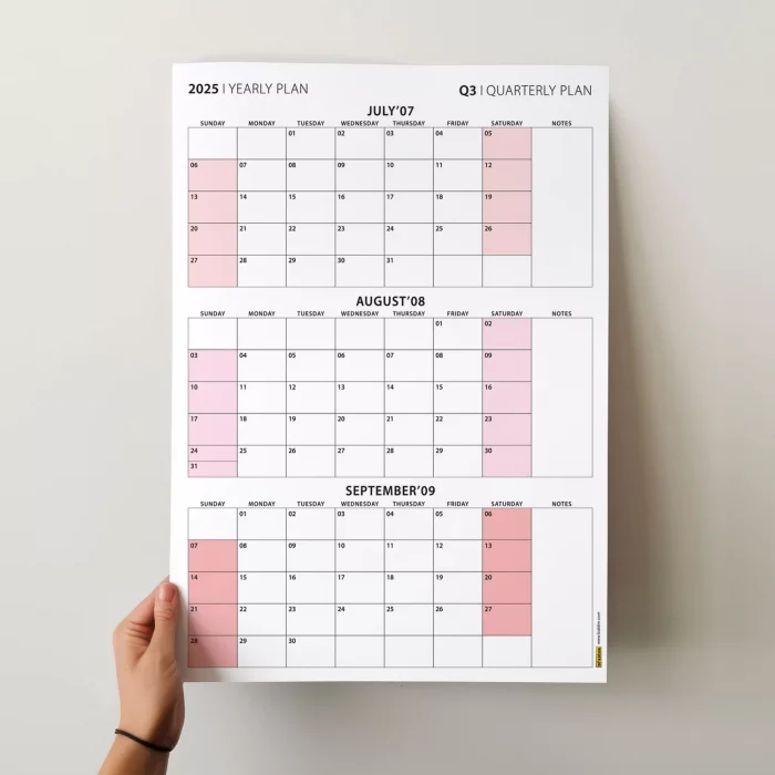 Amerikan Standardı Takvim, Üç Aylık Planlayıcı 2026 Duvar Takvimi, Temmuz - Eylül 2026, 90 Günlük Planlama, Yılın Üçüncü Çeyreği Takvimi, Pembe Takvim, Pazar Günü Başlangıçlı Takvim - 70x100cm