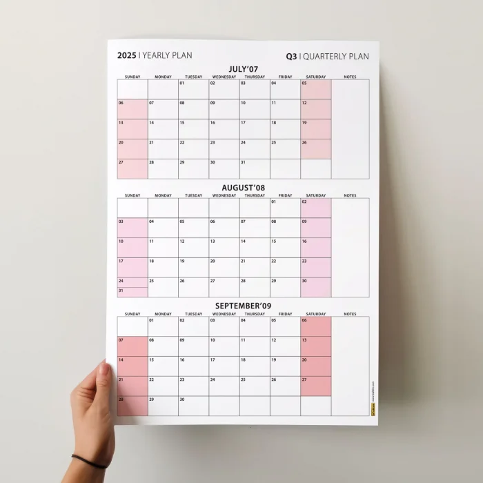 Amerikan Standardı Takvim, Üç Aylık Planlayıcı 2026 Duvar Takvimi, Temmuz - Eylül 2026, 90 Günlük Planlama, Yılın Üçüncü Çeyreği Takvimi, Pembe Takvim, Pazar Günü Başlangıçlı Takvim - 35x50cm