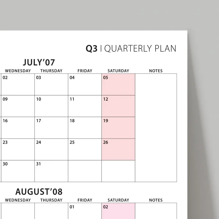 Amerikan Standardı Takvim, Üç Aylık Planlayıcı 2026 Duvar Takvimi, Temmuz - Eylül 2026, 90 Günlük Planlama, Yılın Üçüncü Çeyreği Takvimi, Pembe Takvim, Pazar Günü Başlangıçlı Takvim - 35x50cm