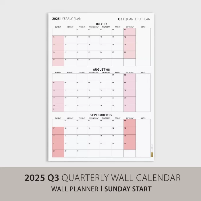 Amerikan Standardı Takvim, Üç Aylık Planlayıcı 2027 Duvar Takvimi, Temmuz - Eylül 2027, 90 Günlük Planlama, Yılın Üçüncü Çeyreği Takvimi, Pembe Takvim, Pazar Günü Başlangıçlı Takvim - 50x70cm