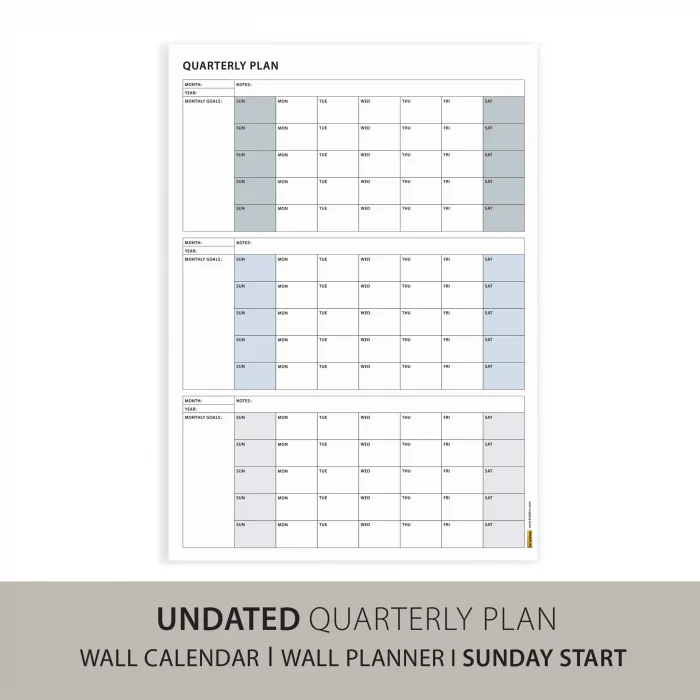 Amerikan Standardı Tarihsiz Üç Aylık Duvar Takvimi, Gri Renkler, Pazar Günü Başlagıç, Üç Aylık Duvar Planlayıcısı, 90 Günlük Takvim, 90 Günlük Plan - 35x50cm