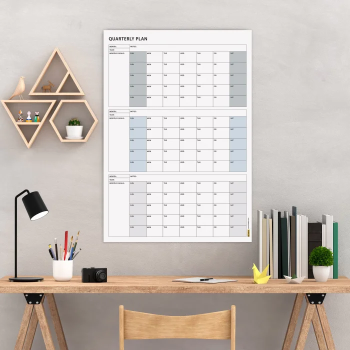 Amerikan Standardı Tarihsiz Üç Aylık Duvar Takvimi, Gri Renkler, Pazar Günü Başlagıç, Üç Aylık Duvar Planlayıcısı, 90 Günlük Takvim, 90 Günlük Plan - 50x70cm
