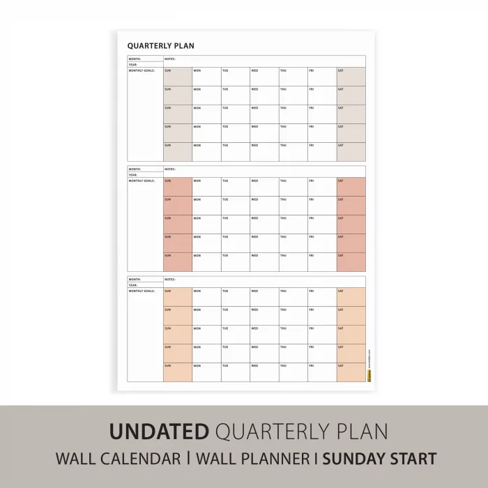 Amerikan Standardı Tarihsiz Üç Aylık Duvar Takvimi, Kahve Tonları, Pazar Günü Başlagıç, Üç Aylık Duvar Planlayıcısı, 90 Günlük Takvim - 35x50cm
