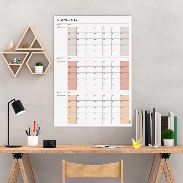 Amerikan Standardı Tarihsiz Üç Aylık Duvar Takvimi, Kahve Tonları, Pazar Günü Başlagıç, Üç Aylık Duvar Planlayıcısı, 90 Günlük Takvim - 70x100cm