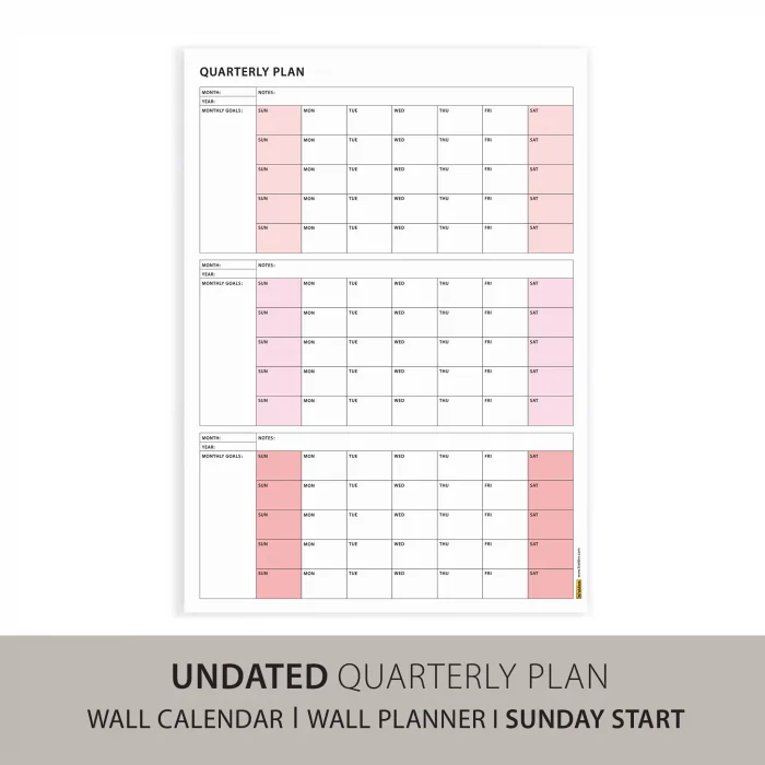 Amerikan Standardı Tarihsiz Üç Aylık Duvar Takvimi, Pembe Renkler, Pazar Günü Başlagıç, Üç Aylık Duvar Planlayıcısı, 90 Günlük Takvim, 90 Günlük Plan - 35x50cm