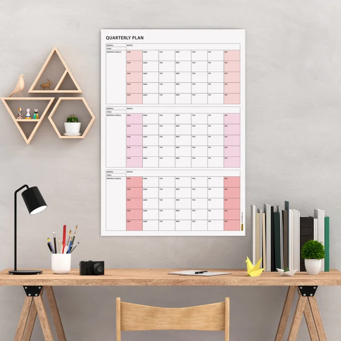 Amerikan Standardı Tarihsiz Üç Aylık Duvar Takvimi, Pembe Renkler, Pazar Günü Başlagıç, Üç Aylık Duvar Planlayıcısı, 90 Günlük Takvim, 90 Günlük Plan - 70x100cm
