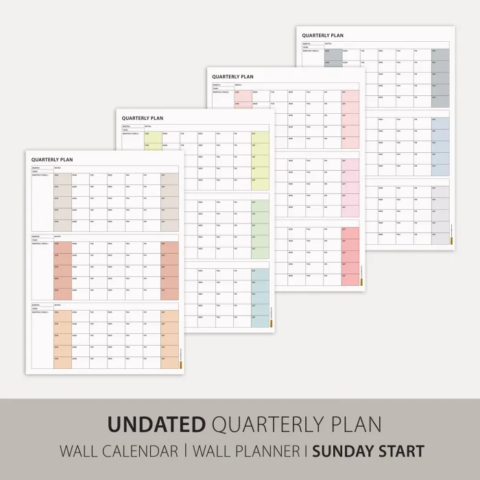 Amerikan Standardı Tarihsiz Üç Aylık Duvar Takvimi Seti, Pazar Günü Başlagıç, Üç Aylık Duvar Planlayıcısı - 50x70cm