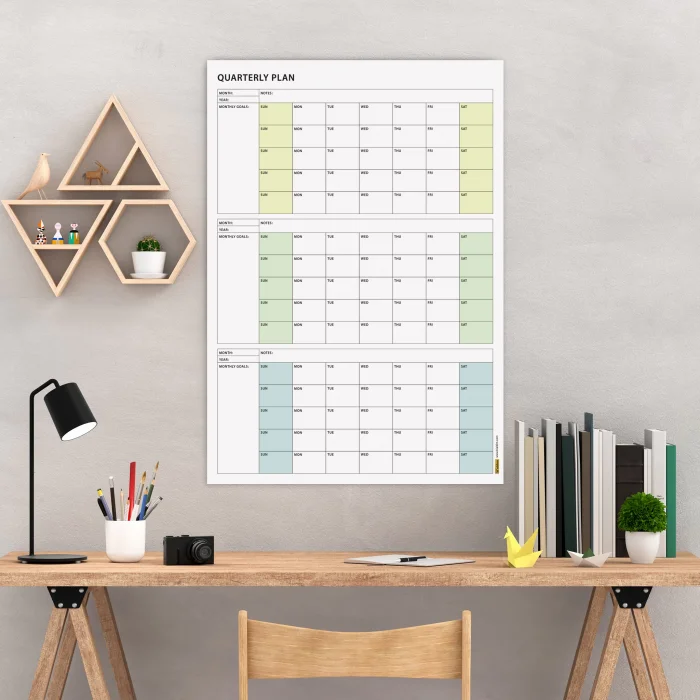 Amerikan Standardı Tarihsiz Üç Aylık Duvar Takvimi, Yeşil Renkler, Pazar Günü Başlagıç, Üç Aylık Duvar Planlayıcısı, 90 Günlük Takvim, 90 Günlük Plan - 35x50cm