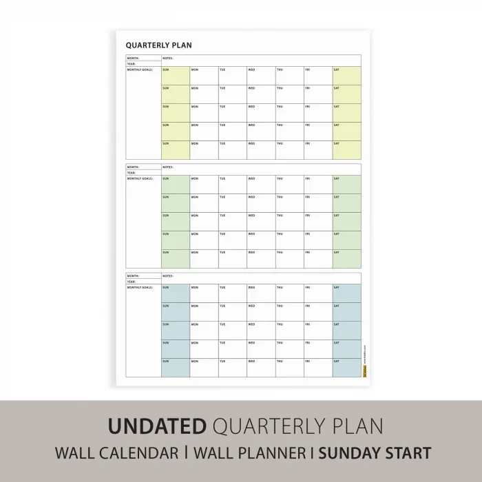 Amerikan Standardı Tarihsiz Üç Aylık Duvar Takvimi, Yeşil Renkler, Pazar Günü Başlagıç, Üç Aylık Duvar Planlayıcısı, 90 Günlük Takvim, 90 Günlük Plan - 50x70cm