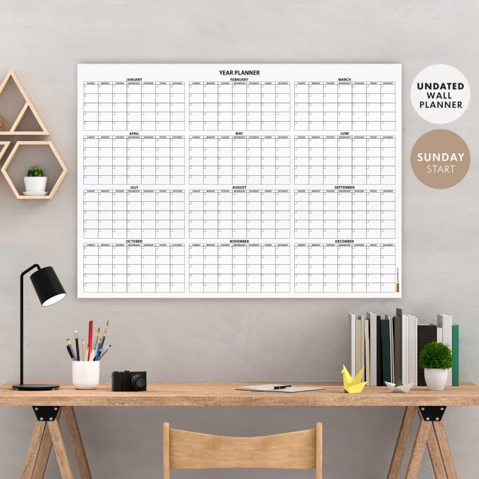 Amerikan Standardı Zamansız Yıllık Planlayıcı Takvim, Pazar Günü Başlangıçlı, Sürekli Takvim, Tarihsiz Yıllık Planlayıcı Duvar Takvimi, Zamansız Takvim
