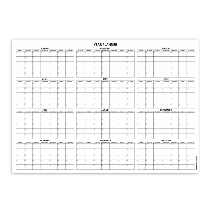 Amerikan Standardı Zamansız Yıllık Planlayıcı Takvim, Pazar Günü Başlangıçlı, Sürekli Takvim, Tarihsiz Yıllık Planlayıcı Duvar Takvimi, Zamansız Takvim