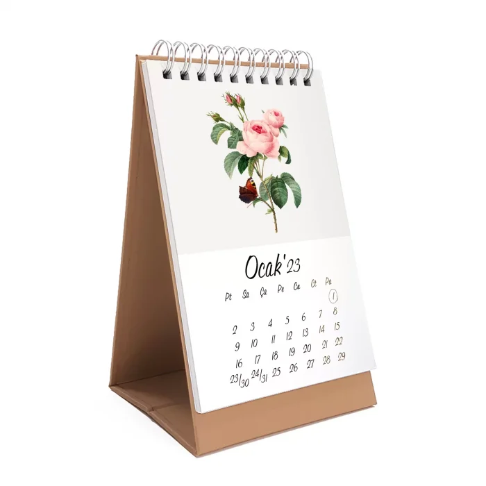 Çiçekli Masa Takvimi, Vintage Çiçekli Takvim, Kraft Üçgen Takvim, 2025 Masa Takvimi
