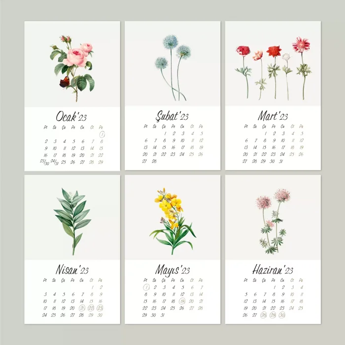 Çiçekli Masa Takvimi, Vintage Çiçekli Takvim, Kraft Üçgen Takvim, 2025 Masa Takvimi