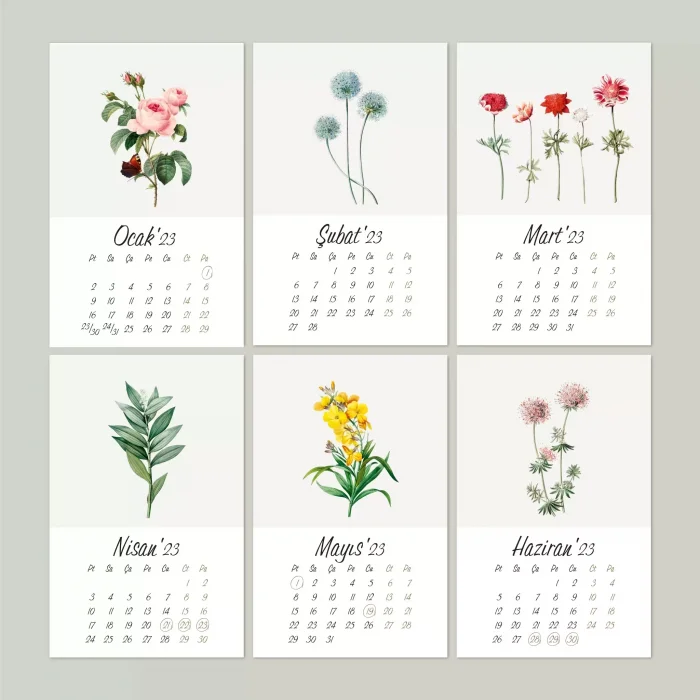 Çiçekli Masa Takvimi, Vintage Çiçekli Takvim, Kraft Üçgen Takvim, 2026 Masa Takvimi