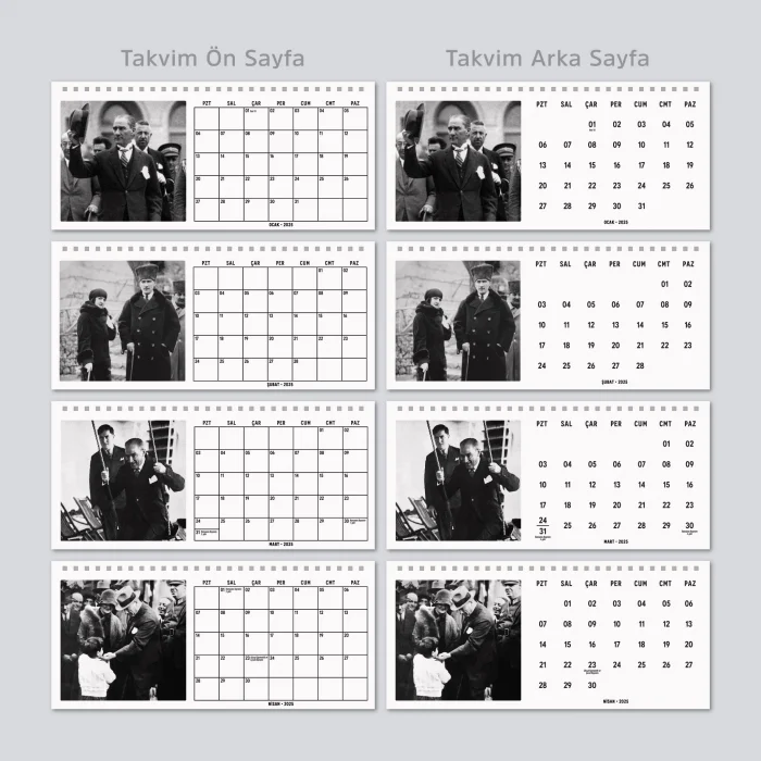 Çift Taraflı 2025 Atatürk Fotoğraflı Takvim, Aylık Planlayıcı Takvim, Büyük Ebat Masa Takvimi