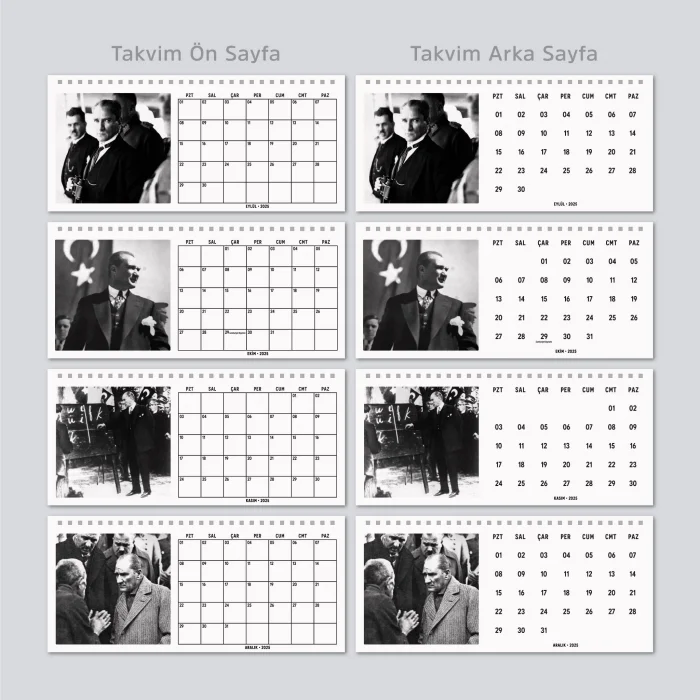 Çift Taraflı 2025 Atatürk Fotoğraflı Takvim, Aylık Planlayıcı Takvim, Büyük Ebat Masa Takvimi