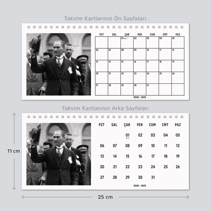 Çift Taraflı 2025 Atatürk Fotoğraflı Takvim, Aylık Planlayıcı Takvim, Büyük Ebat Masa Takvimi