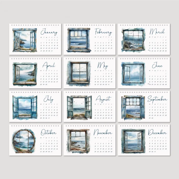 Deniz Manzaralı 2026 Masa Takvimi, Denize Açılan Pencereler Masa Takvimi, Okyanus Manzaralı Takvim, Window Ocean 2026 Desk Calendar