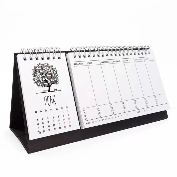 Dört Mevsim Ağaç Takvim Haftalık Planlayıcı 2026 Masa Takvimi Siyah