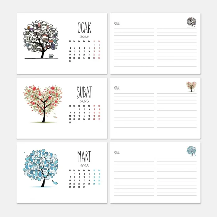Dört Mevsim Ağaçlı Takvim, 2026 Masa Takvimi, İlkbahar Yaz Sonbahar Kış Ağaç Resimli Takvim