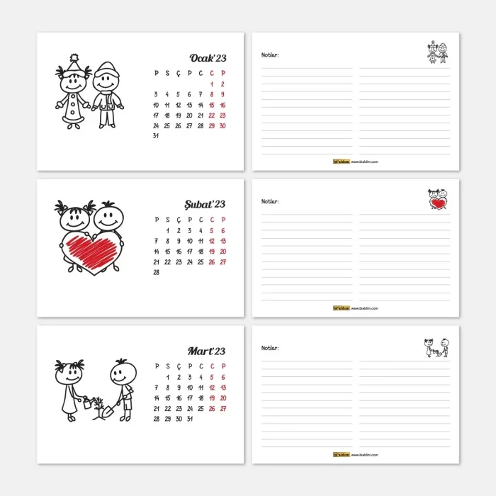 Dört Mevsim Çizgi Resimli Sevimli Çocuklar Takvimi, İlkbahar Yaz Sonbahar Kış Takvimi, 2026 Masa Takvimi
