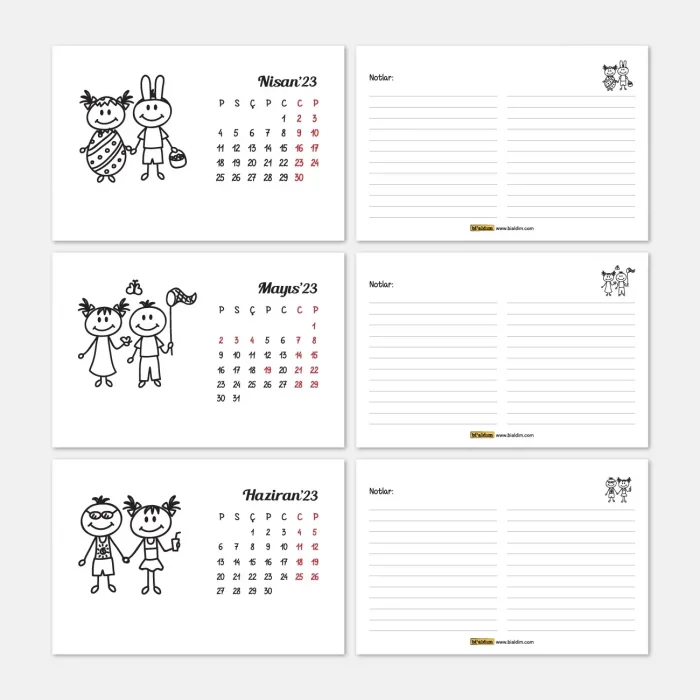 Dört Mevsim Çizgi Resimli Sevimli Çocuklar Takvimi, İlkbahar Yaz Sonbahar Kış Takvimi, 2026 Masa Takvimi