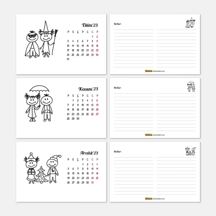 Dört Mevsim Çizgi Resimli Sevimli Çocuklar Takvimi, İlkbahar Yaz Sonbahar Kış Takvimi, 2026 Masa Takvimi