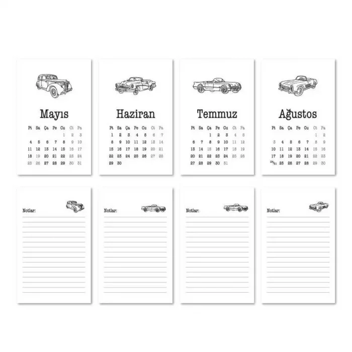 Haftalık Planlayıcı 2025 Masa Takvimi - Vintage Arabalar
