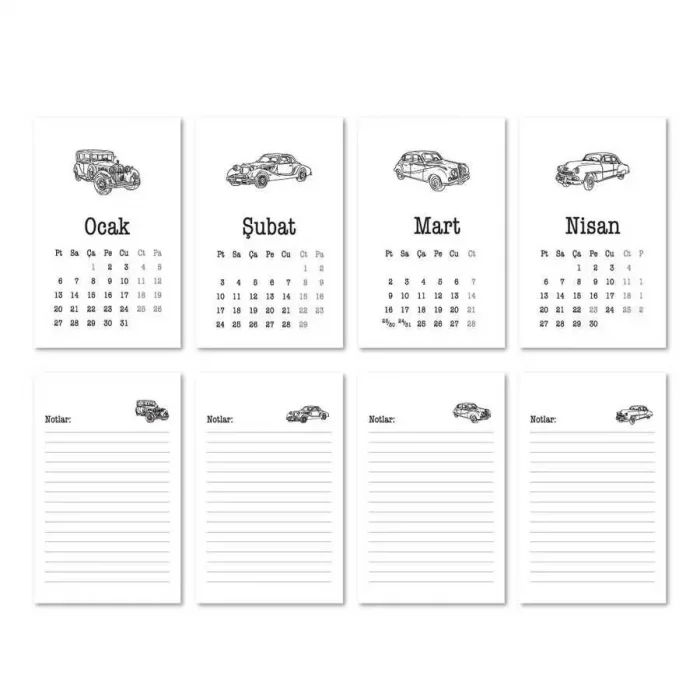 Haftalık Planlayıcı 2026 Masa Takvimi - Vintage Arabalar