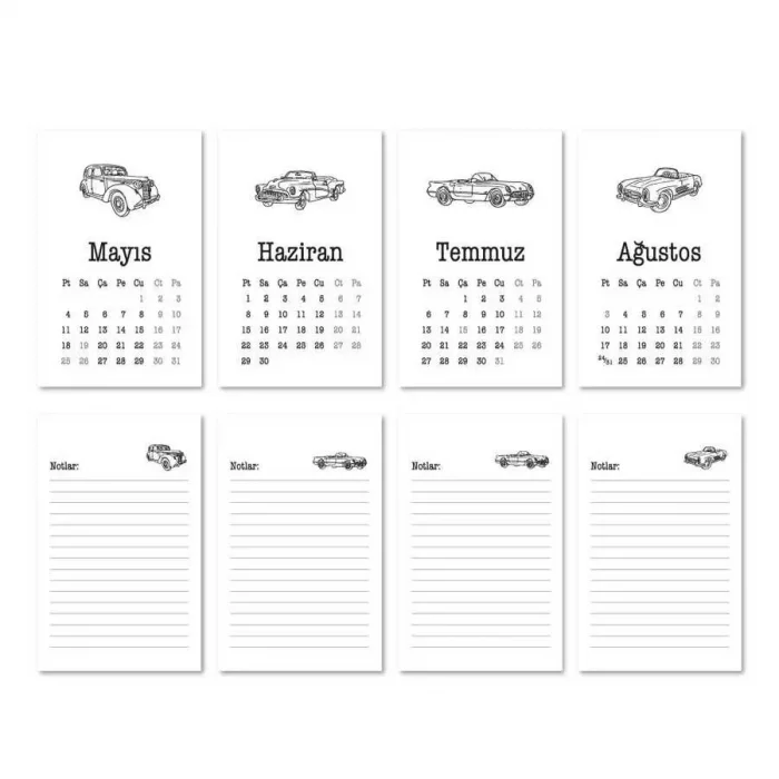 Haftalık Planlayıcı 2026 Masa Takvimi - Vintage Arabalar