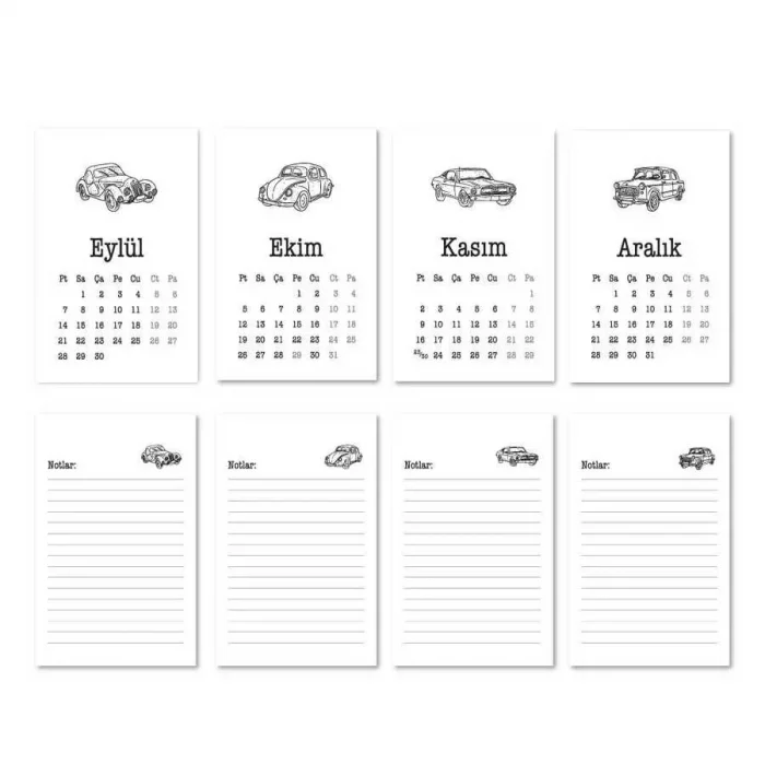 Haftalık Planlayıcı 2026 Masa Takvimi - Vintage Arabalar