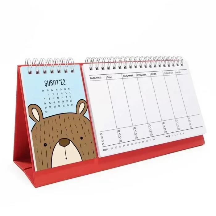 Hayvanlı Takvim Haftalık Planlayıcı 2026 Masa Takvimi Kırmızı