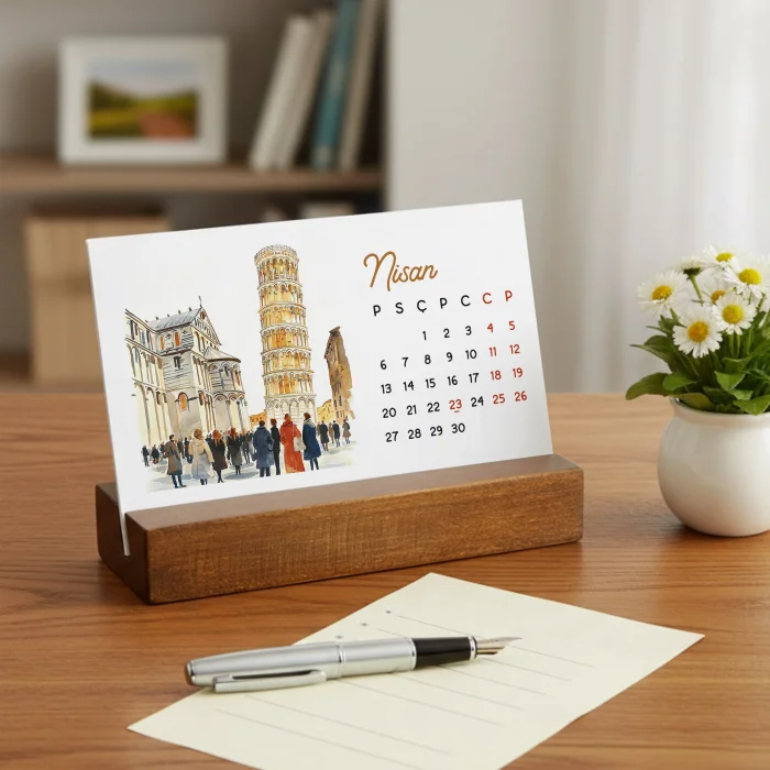 İtalya Temalı 2026 Masa Takvimi | Rustik Ahşap Standlı Masaüstü Takvim