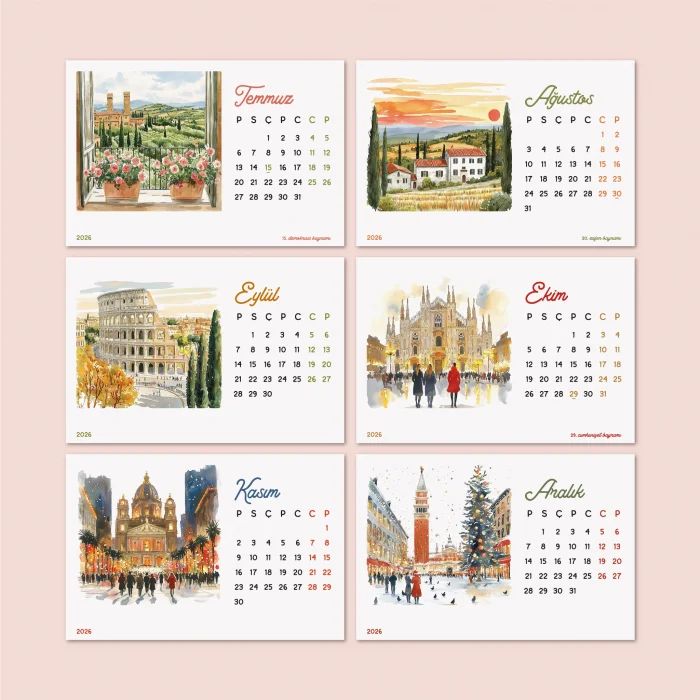 İtalya Temalı 2026 Masa Takvimi | Rustik Ahşap Standlı Masaüstü Takvim