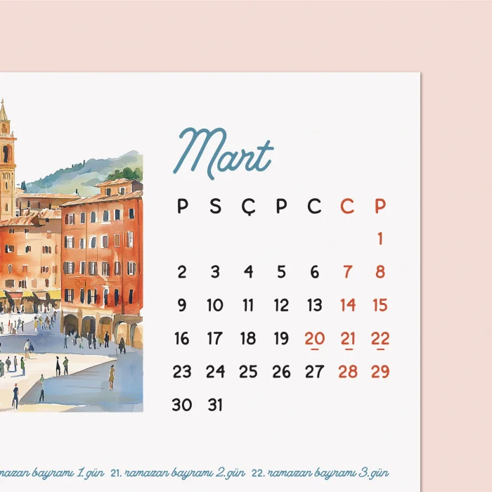 İtalya Temalı 2026 Masa Takvimi | Rustik Ahşap Standlı Masaüstü Takvim