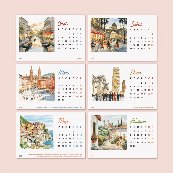 İtalya Temalı 2026 Masa Takvimi | Rustik Ahşap Standlı Masaüstü Takvim