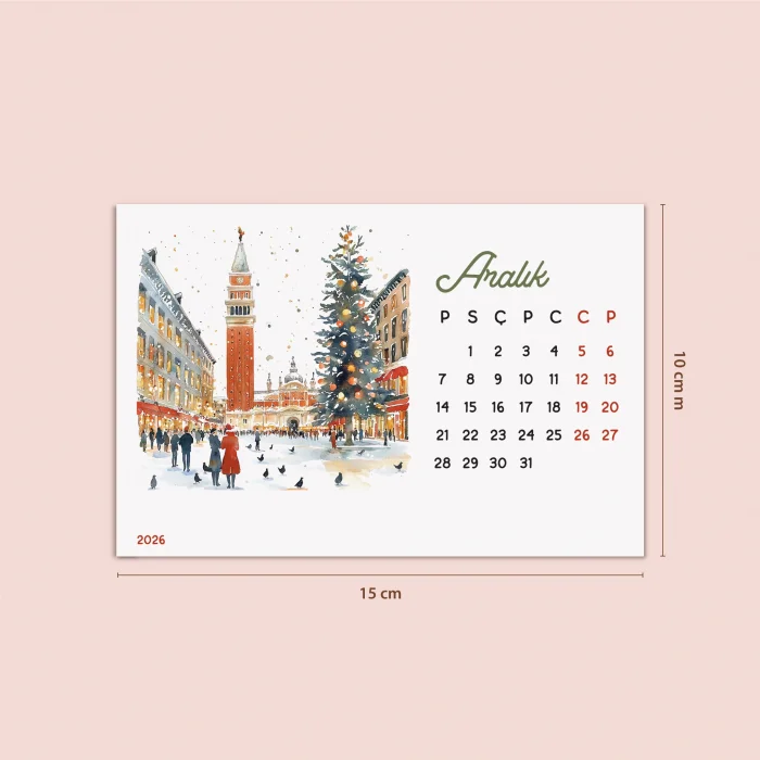 İtalya Temalı 2026 Masa Takvimi | Rustik Ahşap Standlı Masaüstü Takvim