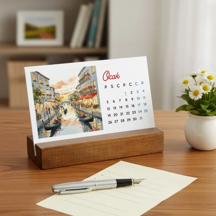 İtalya Temalı 2026 Masa Takvimi | Rustik Ahşap Standlı Masaüstü Takvim