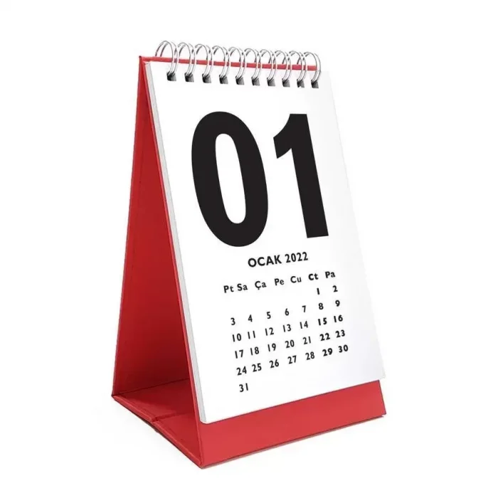 Kırmızı 2025 Masa Takvimi İngilizce Türkçe Sayı Aylar Konsept