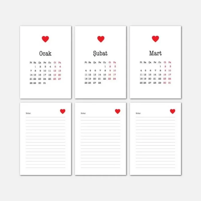 Kırmızı Kalpli Haftalık Planlama 2025 Takvim