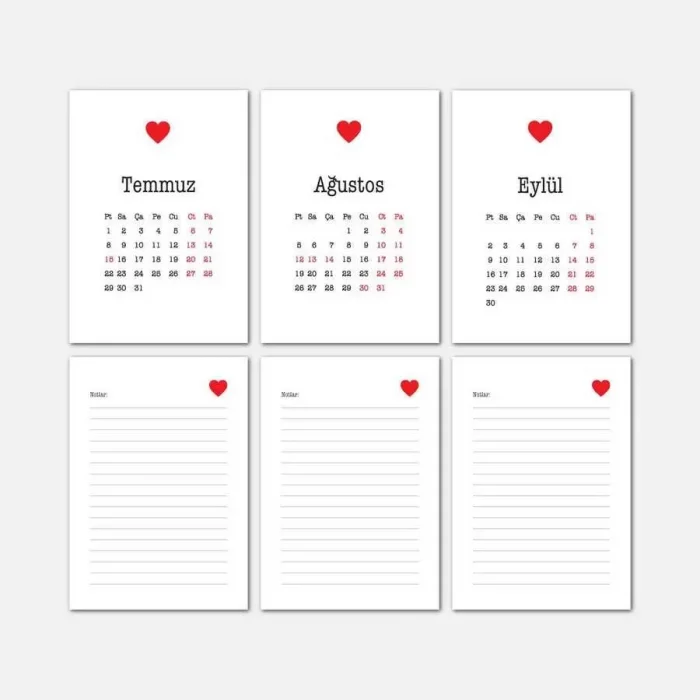 Kırmızı Kalpli Haftalık Planlama 2025 Takvim