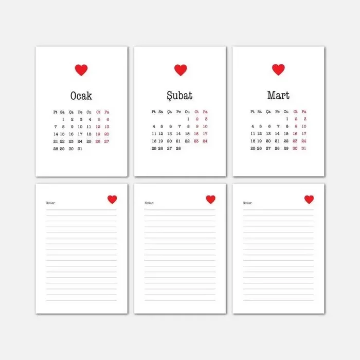Kırmızı Kalpli Haftalık Planlama 2026 Takvim