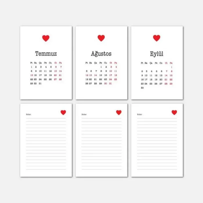 Kırmızı Kalpli Haftalık Planlama 2026 Takvim