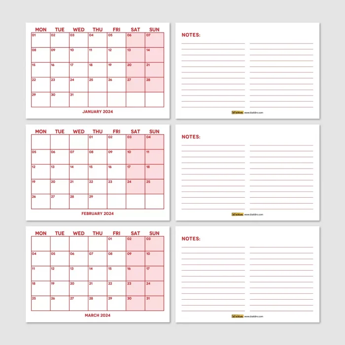 Kırmızı Renkli Aylık Planlama 2026 Takvim, 2026 Masa Takvimi, Red Color Monthly Planner Calendar