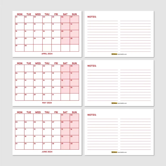 Kırmızı Renkli Aylık Planlama 2026 Takvim, 2026 Masa Takvimi, Red Color Monthly Planner Calendar