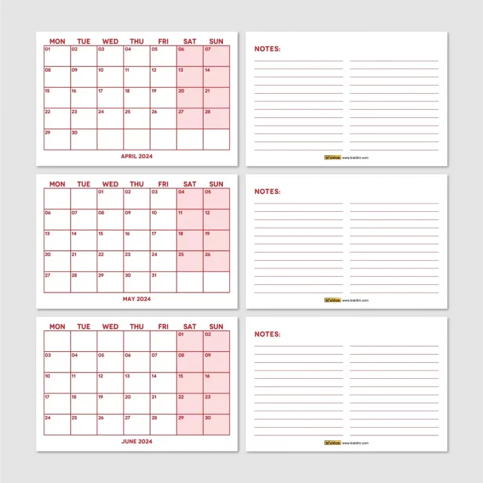 Kırmızı Renkli Aylık Planlama 2027 Takvim, 2027 Masa Takvimi, Red Color Monthly Planner Calendar